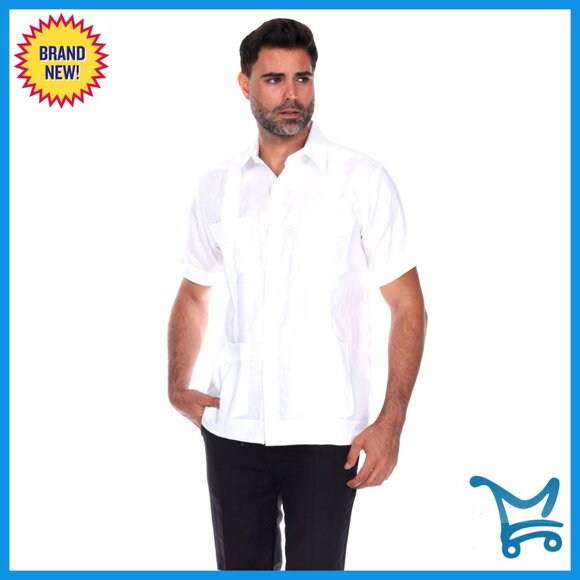 Men's 100% Linen Guayabera Shirt Short Sleeve 4 Pocket Button Down